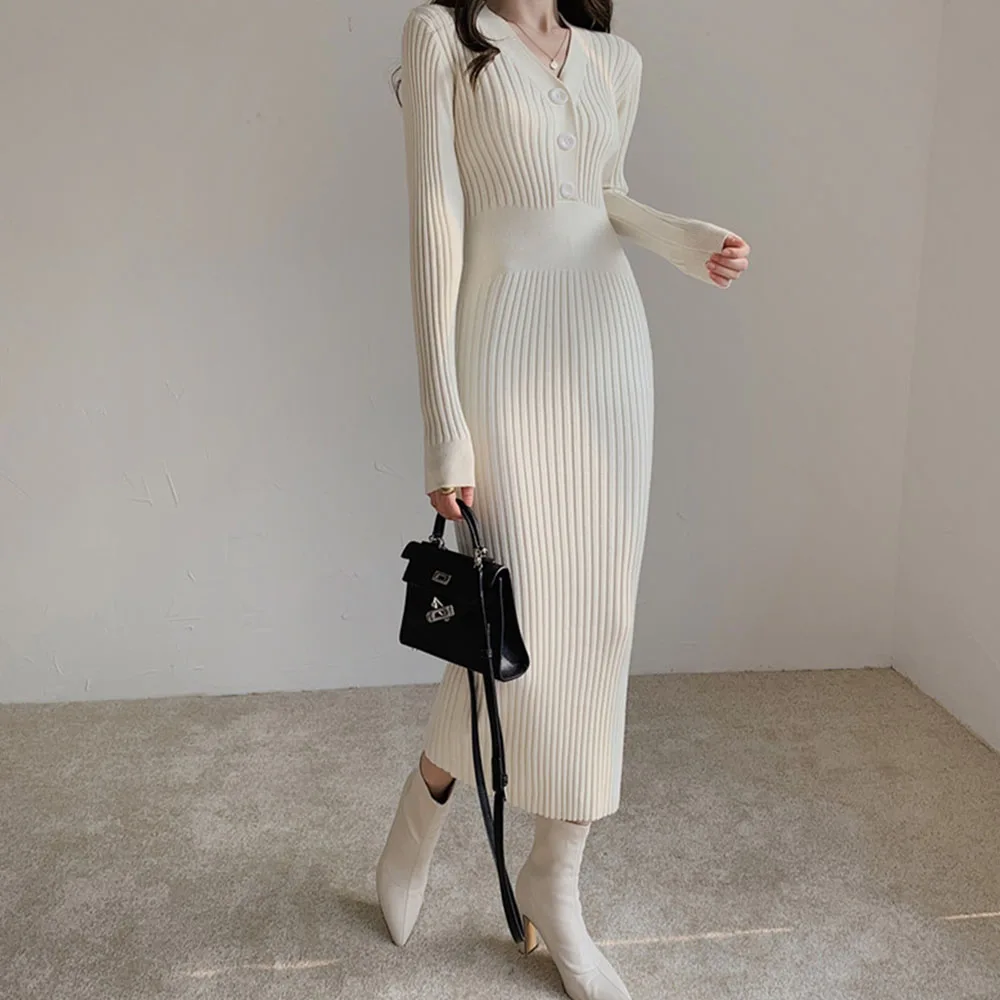 

Long Sleeve V-Neck Mid-Calf Button Plain Women's Dress Waist Slimming Temperament Slim Knitted Dress Ladies Fashion 2021