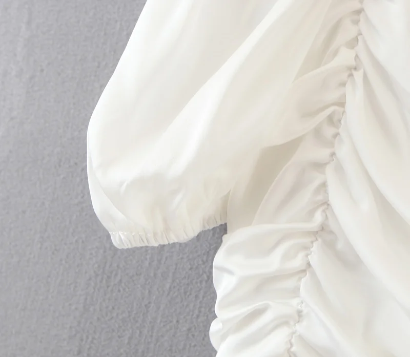 

New Women Puff Sleeve Square Collar Pleatd Casual White Short Dress Ladies Slim Vestidos Chic Dresses