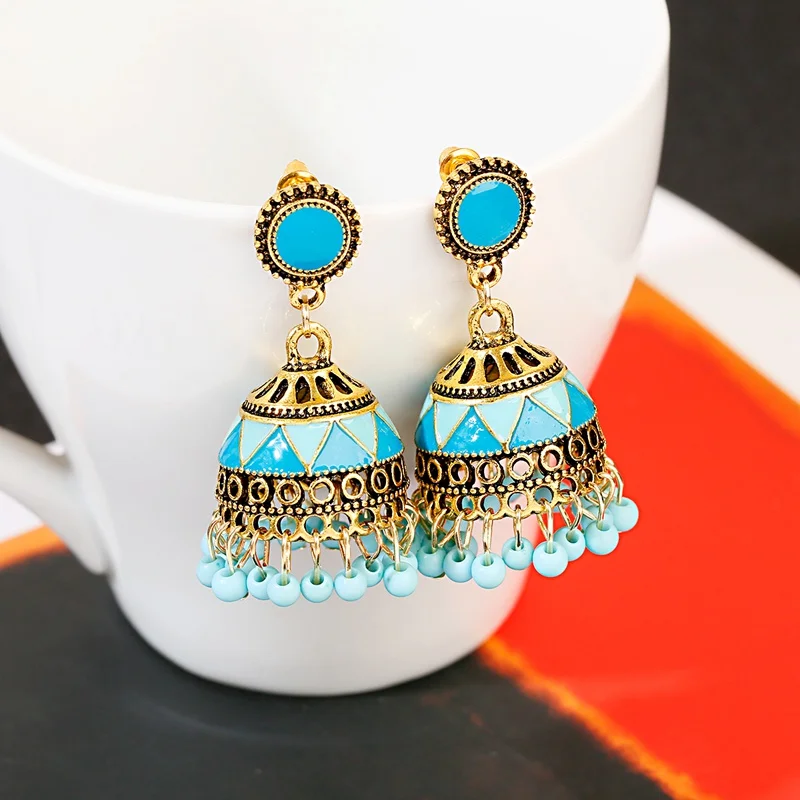 

Ethnic Classical Corful Beads Jhumka Indian Earrings Handmade Ladies Gypsy Earring Lantern Tassel Palace Orecchini Donna