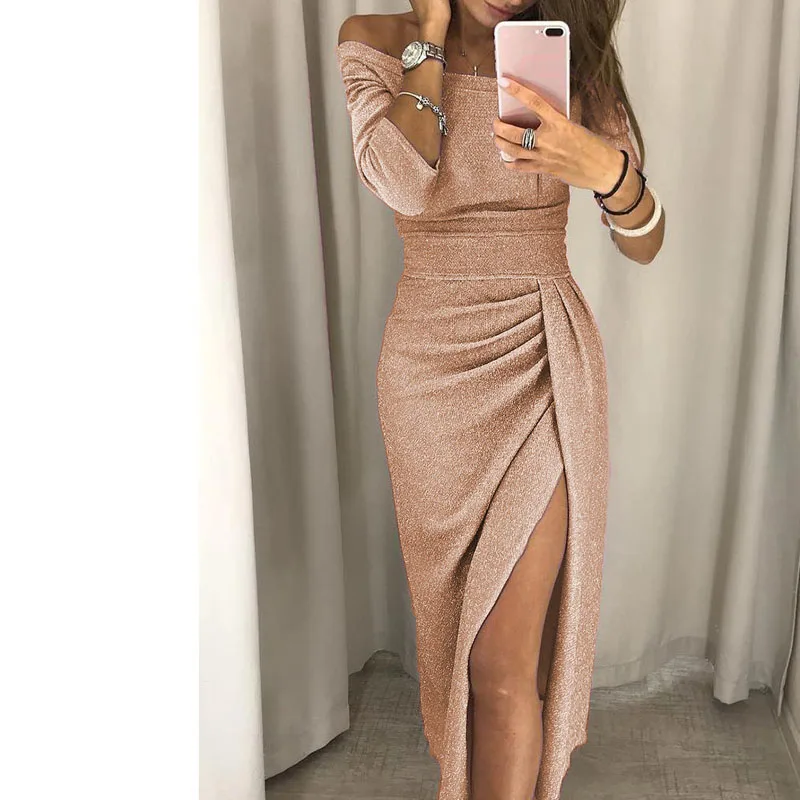 

2020 Zomerjurk Dames 2020 Shiny Irregular Dress One Word Collar Elegant Robe Longue Women Party Dresses Vestido Mujer S-2XL