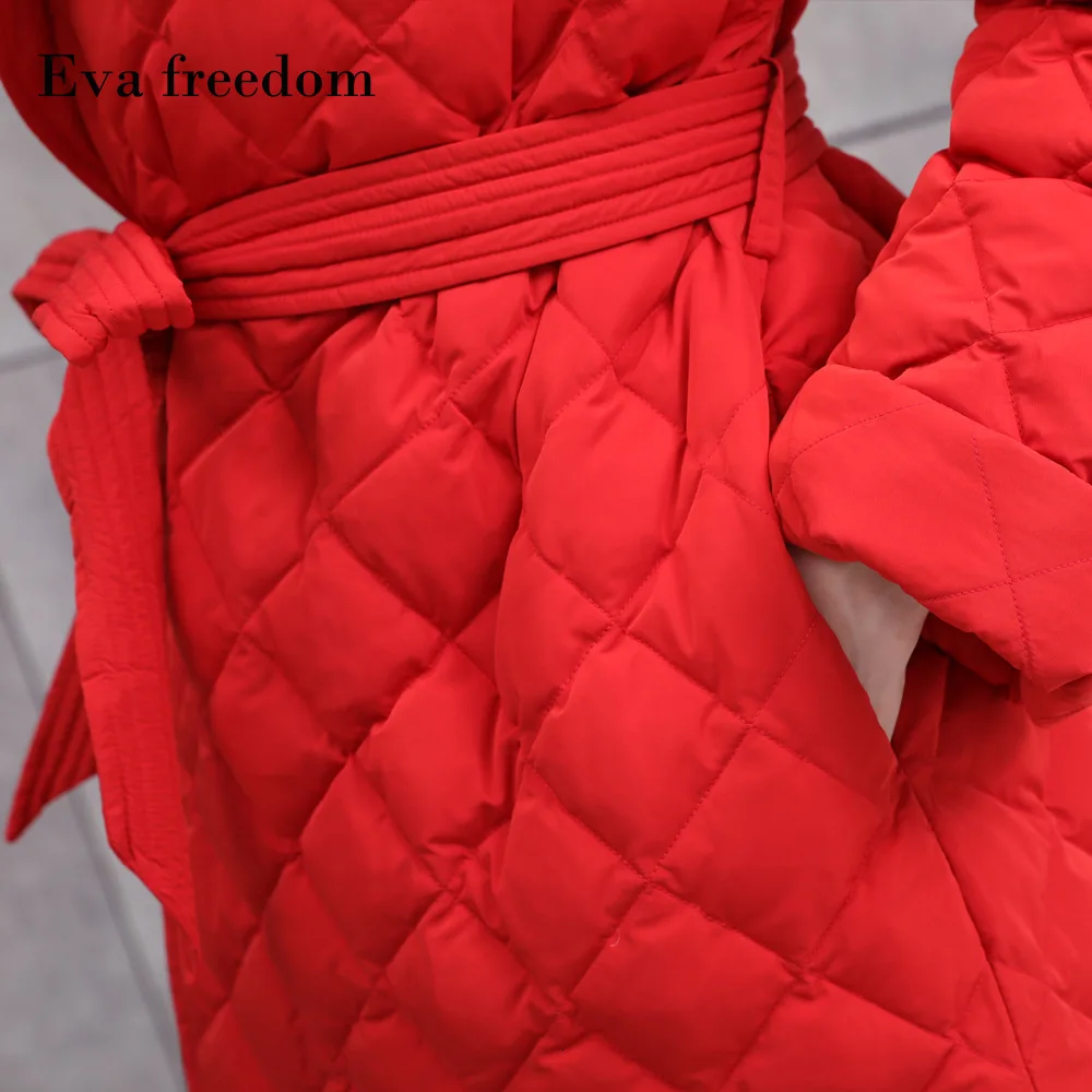 Зимний женский модный уличный пуховик с лацканами в клетку со стразами и