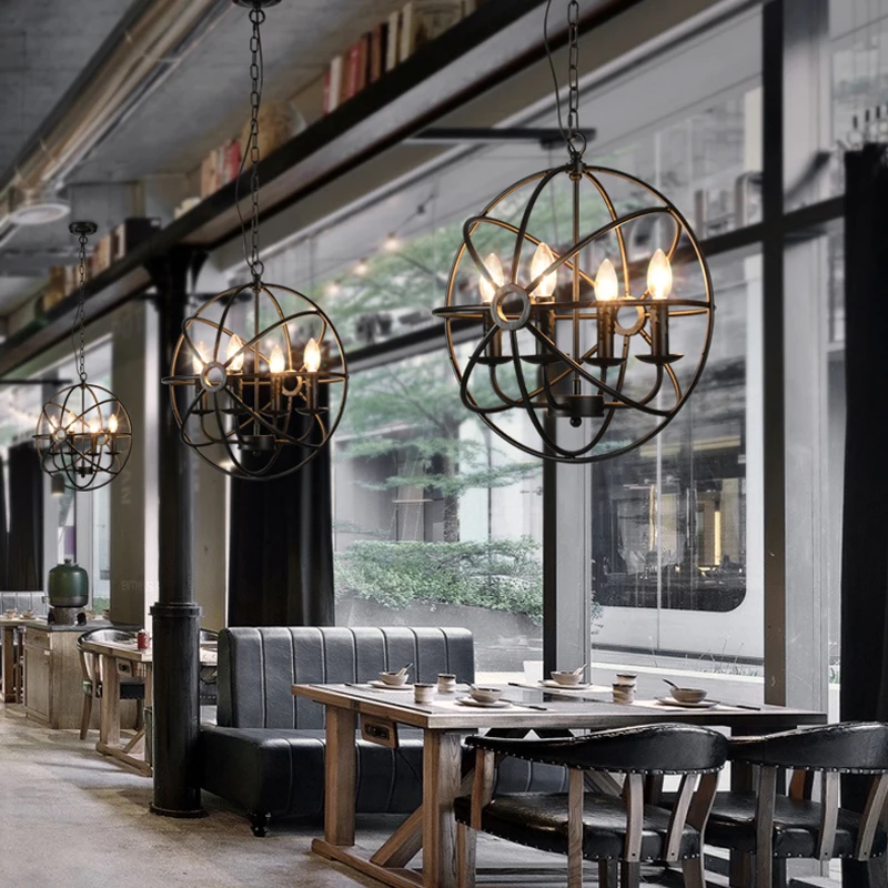 

Retro industrial style creative long glass box restaurant bar personality wrought iron globe candle hanging lamp