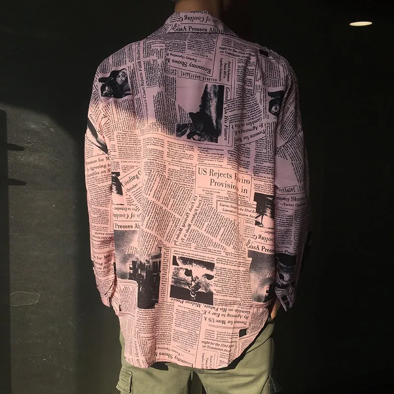 

Fashion New Long Sleeve Lapel Blouse Unisex Loose Tops and Blouses Vintage English Newspaper Print Shirt
