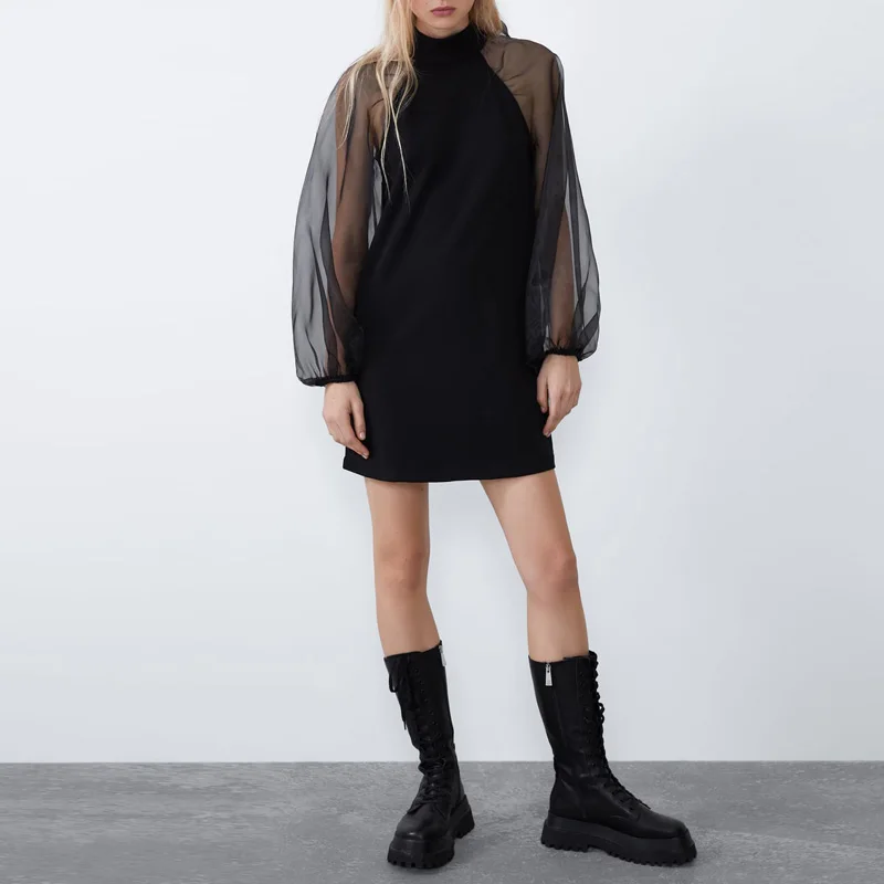 Винтажное женское черное платье с рукавом фонариком модное мини бантом осенне