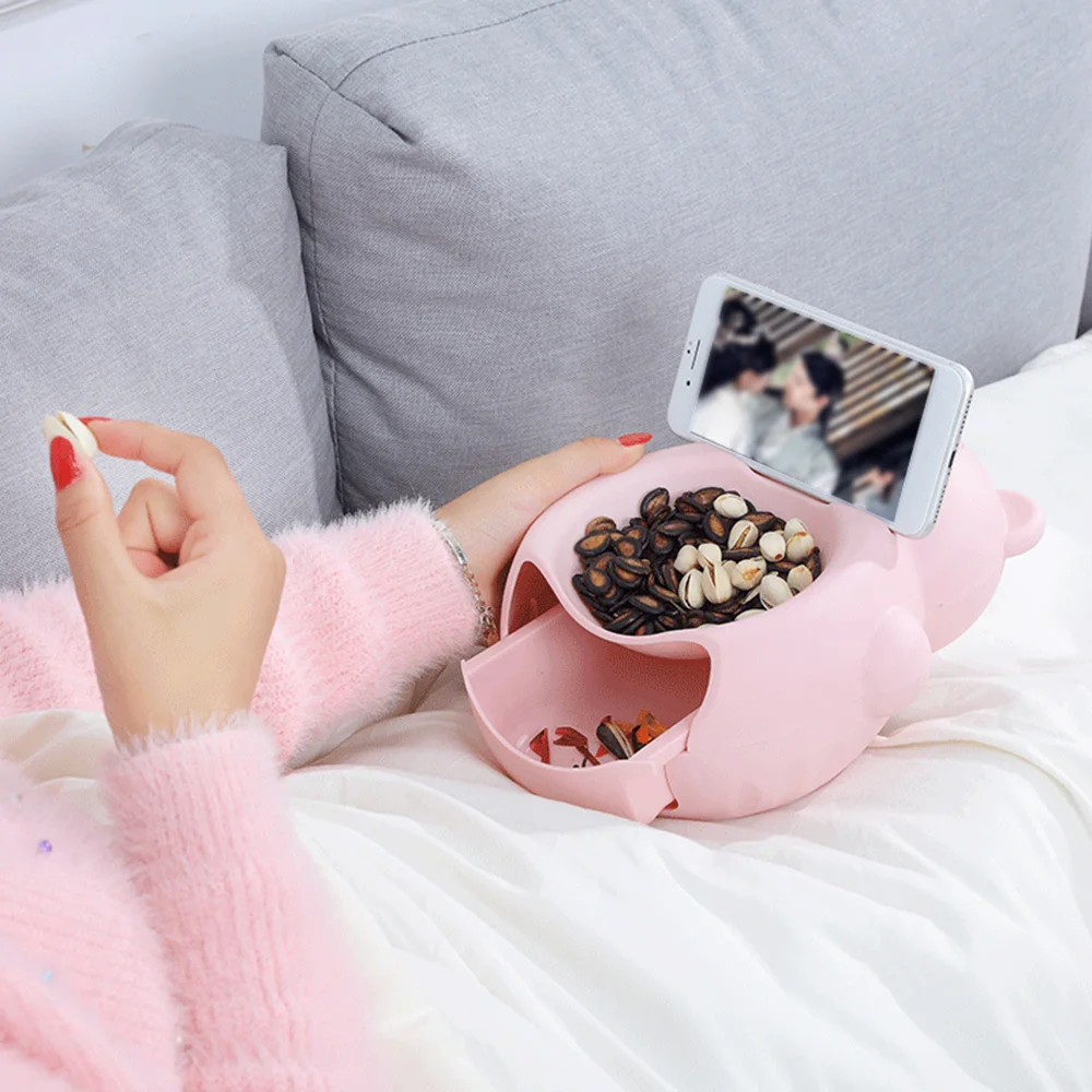 New Cartoon Bear Double Drawer Fruit Plate Lazy Candy Dishes Tray with Mobile Phone Bracket Nut Bowl Table Snacks Storage | Дом и сад