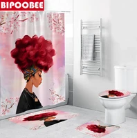 African American Women Pink Shower Curtain Red Hair Afro Girl Bath Mat Rugs Set Toilet Cover Durable Bathtub Curtains with Hooks