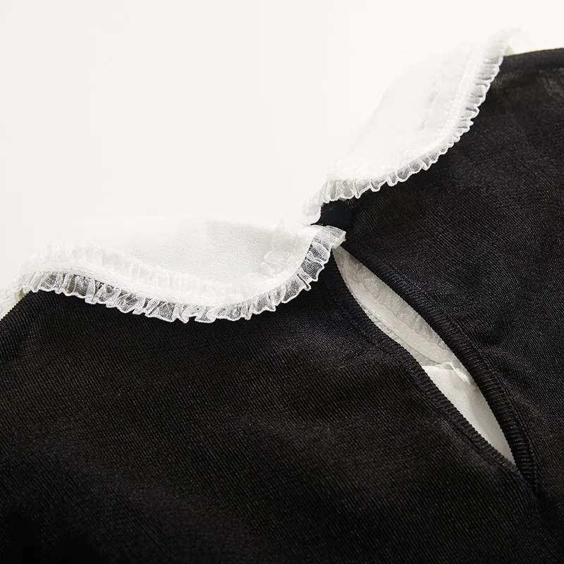 

2021 spring and autumn new T-shirt comfortable women's base shirt fashion lotus leaf nail bead deep Lapel long sleeve temperamen