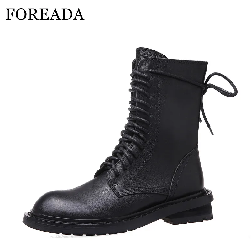 

FOREADA Real Leather Mid Calf Boots Zip Med Heel Motorcycle Boots Lace Up Thick Heel Ladies Shoes Autumn Winter Black Size 33-42