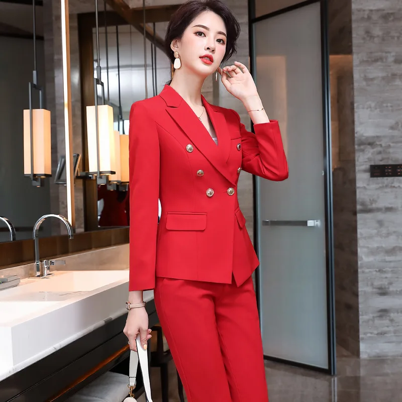 

IZICFLY Spring Autumn Red New Style Suits Blazer With Pants Business Slim Office 2 Piece Sets Womens Outfits Work Wear White