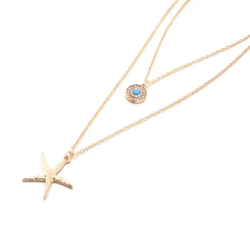 

Vintage Starfish Round Full Crystal Pendant Necklace 2019 Bohemian Multilayer Gold Silver Color Layered Choker Necklace