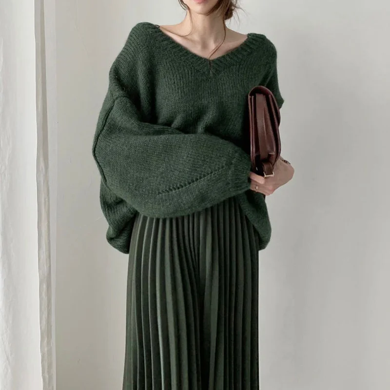 Женский трикотажный свитер с V-образным вырезом и юбка высокой талией | Женская