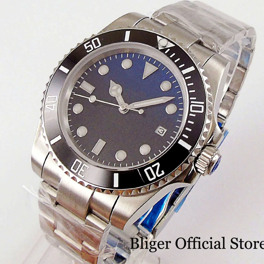 BLIGER BLUE BLACK Sterile Dial Men Wristwatch Mechanical NH35 MIYOTA Brushed Bracelet Screw Crown Sapphire Glass No Magnifier