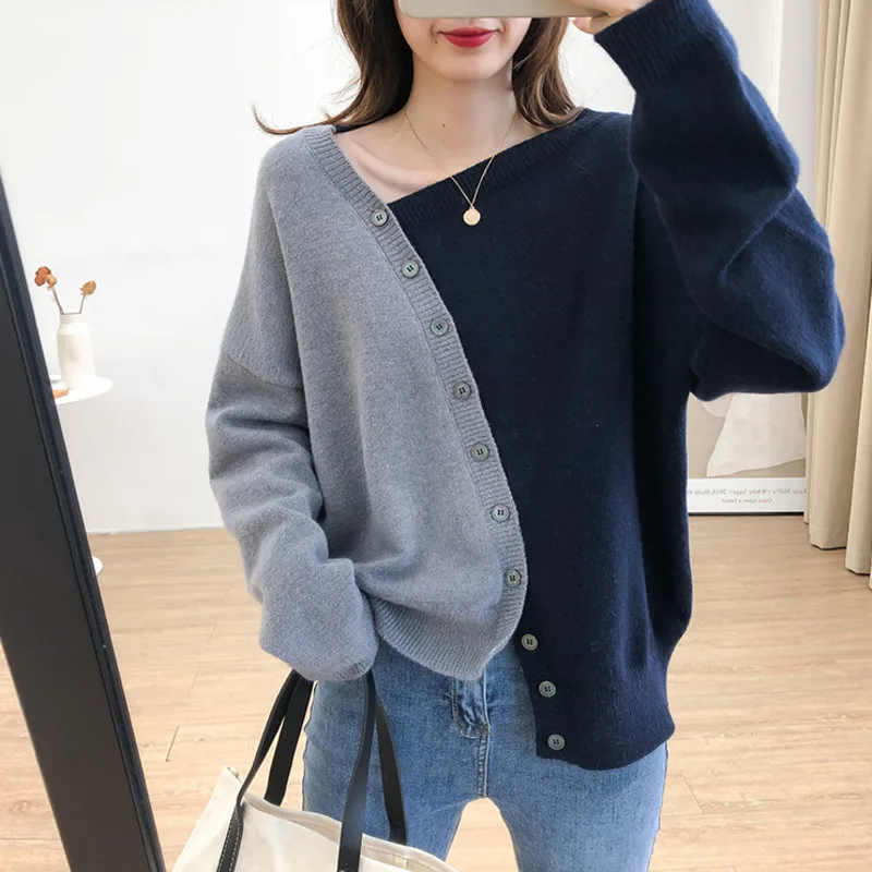 

2021 Spring Autumn Loose Korean Fashion Irregular Oblique Button Diagonal Collar Color Contrast Long Sleeve Top Knitted Cardigan