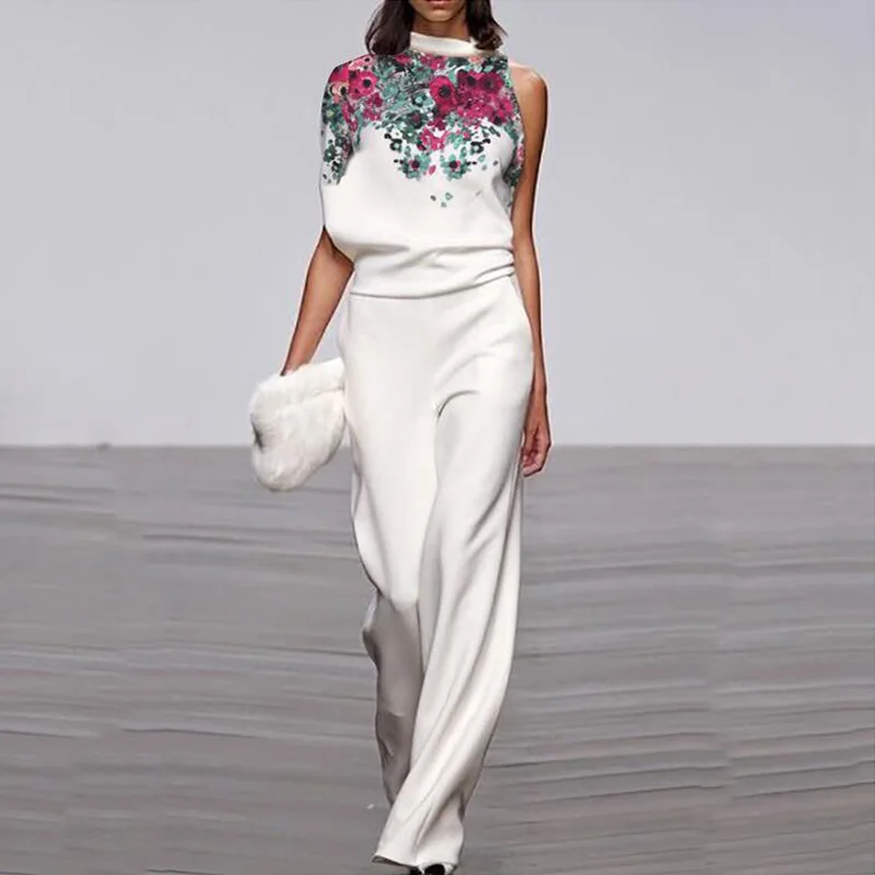 Элегантный комбинезон без рукавов с цветочным принтом для женщин Белый