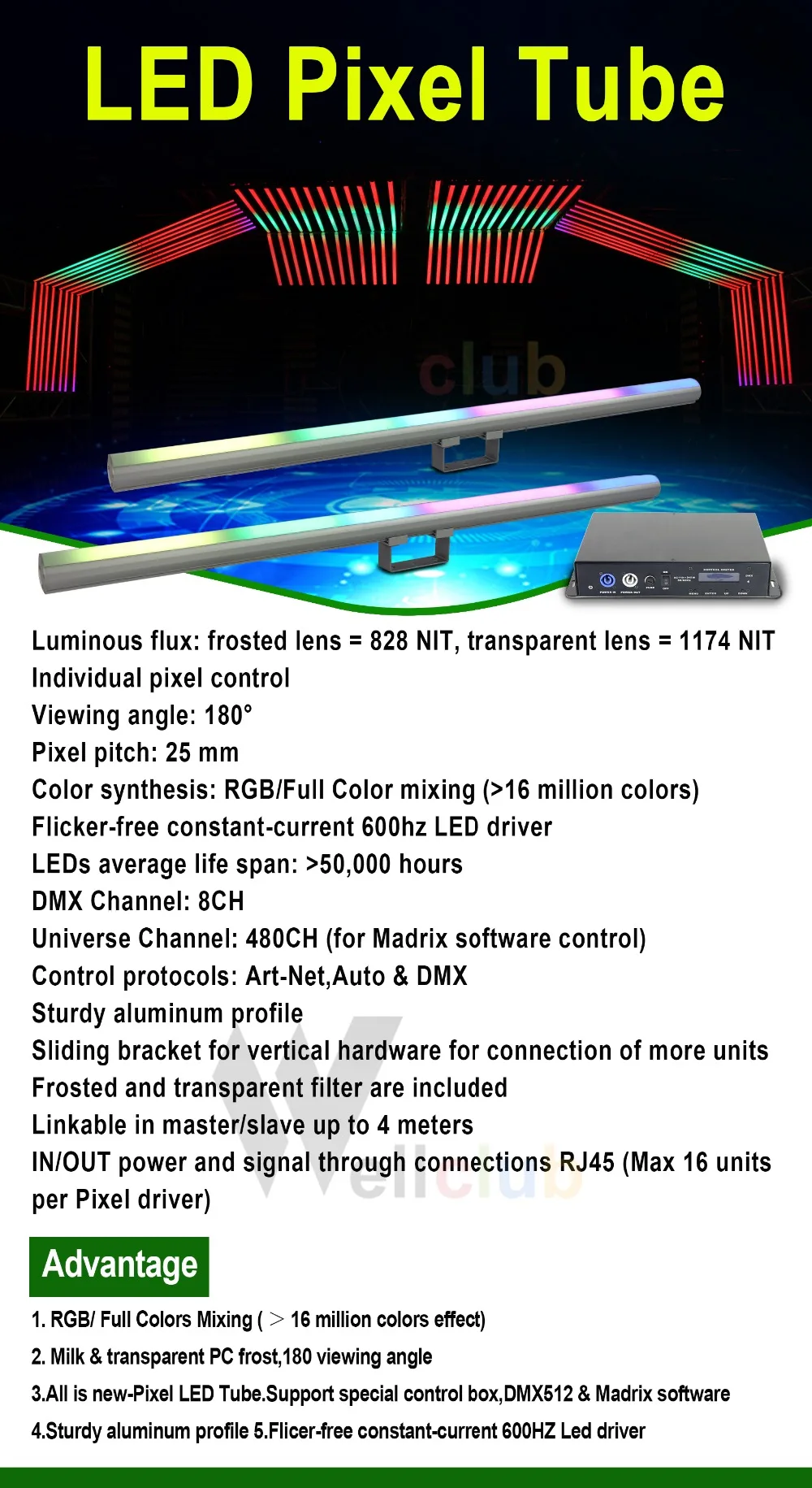 16 шт. с контроллером RGB настенная шайба светодиодная Пиксельная трубка Dmx бар светильник индивидуальное управление пиксельный сценический светильник Dj Бар светильник