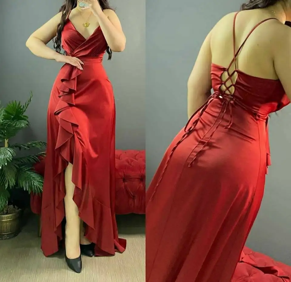 

Sexy Long Satin Red Spaghetti Prom Dresses with Slit Criss Cross Back Robe De Soiree Blue Formal V-Neck Party Dresses for Women