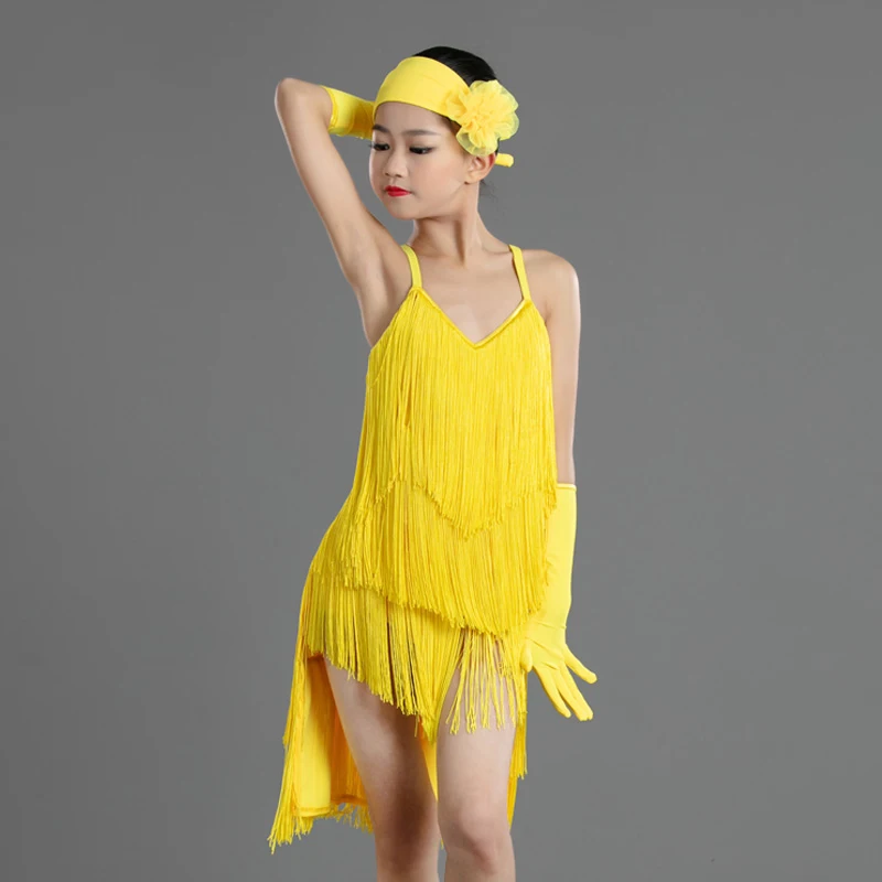 

Latin Dance Dress Kids Fringe Dress For Girls Dancing Competition Costume Suit Yellow Tassels Rumba Cha Cha Dance Clothes BI558