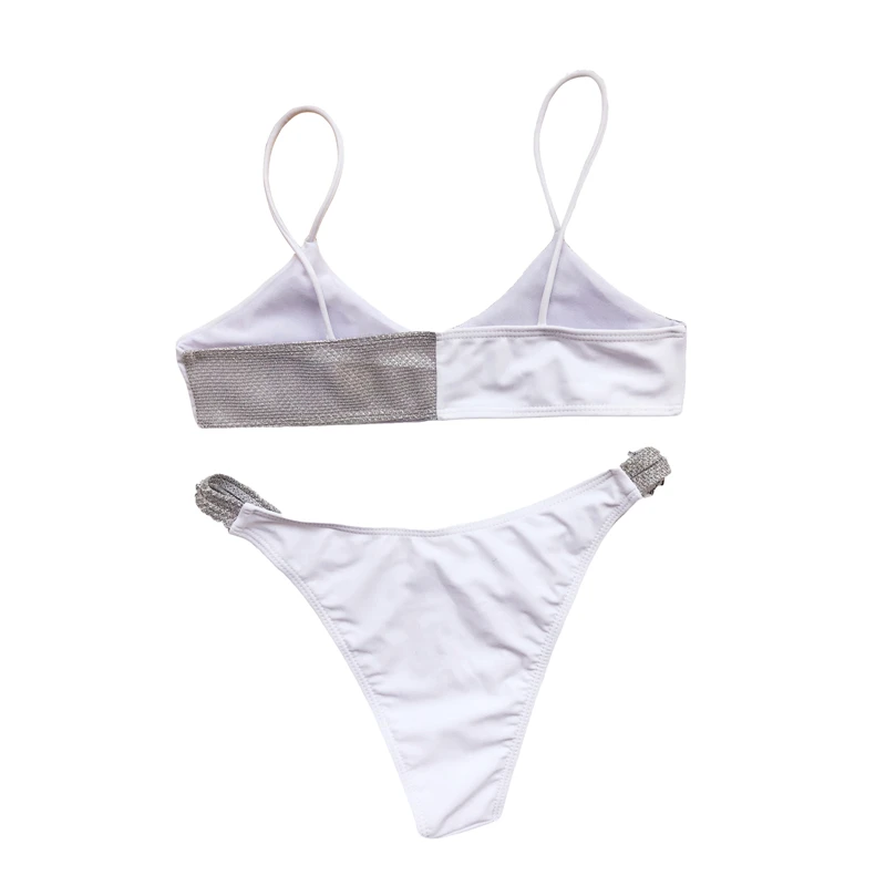 

2021 Fashion Trend Women Sexy Shining Splicing Bikini Sleeveless Sling Tops Briefs Swimsuit Classic Hollow Bare Midriff 2PCS Set
