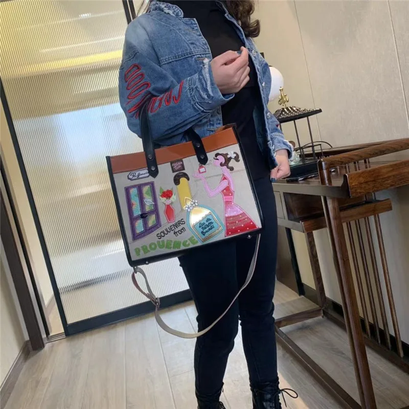 Women Bags Canvas Patchwork Embroidery Purse Shoulder Bags Handbags Tote Braccialini Style Handmade Art Cartoon Perfume Girl