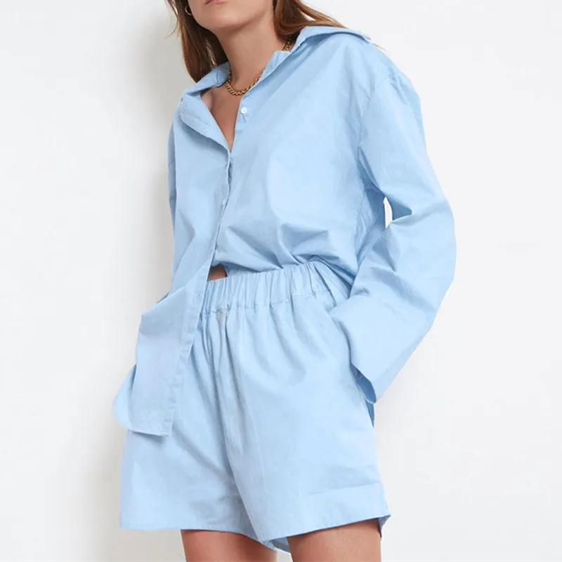 

Casual Women Summer Long Sleeve Blouse Tracksuit Shorts Set Loose Tops And High Waisted Mini Shorts Two Piece Set 2021