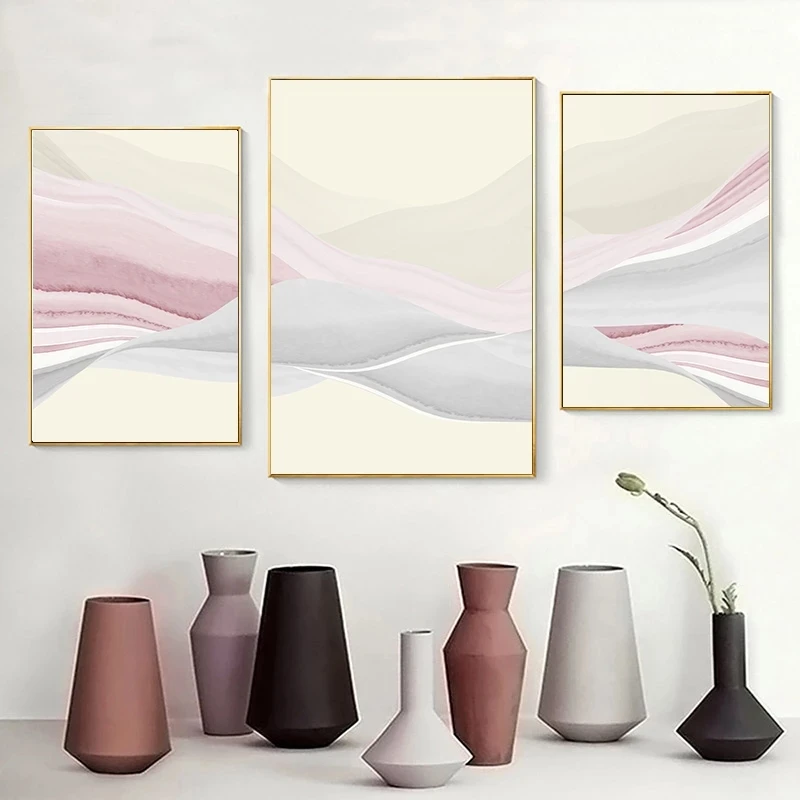 

Modern Abstract Minimalist Pink Grey Mountain Paintings Wall Art Nordic Canvas Posters Prints Living Room Bedroom Decoration