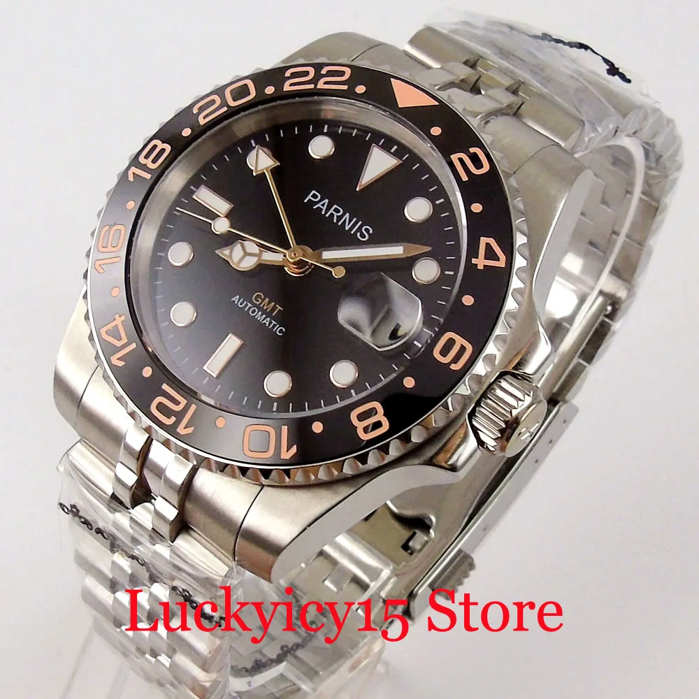 PARNIS Роскошные GMT Механические Мужские наручные часы из нержавеющей стали с