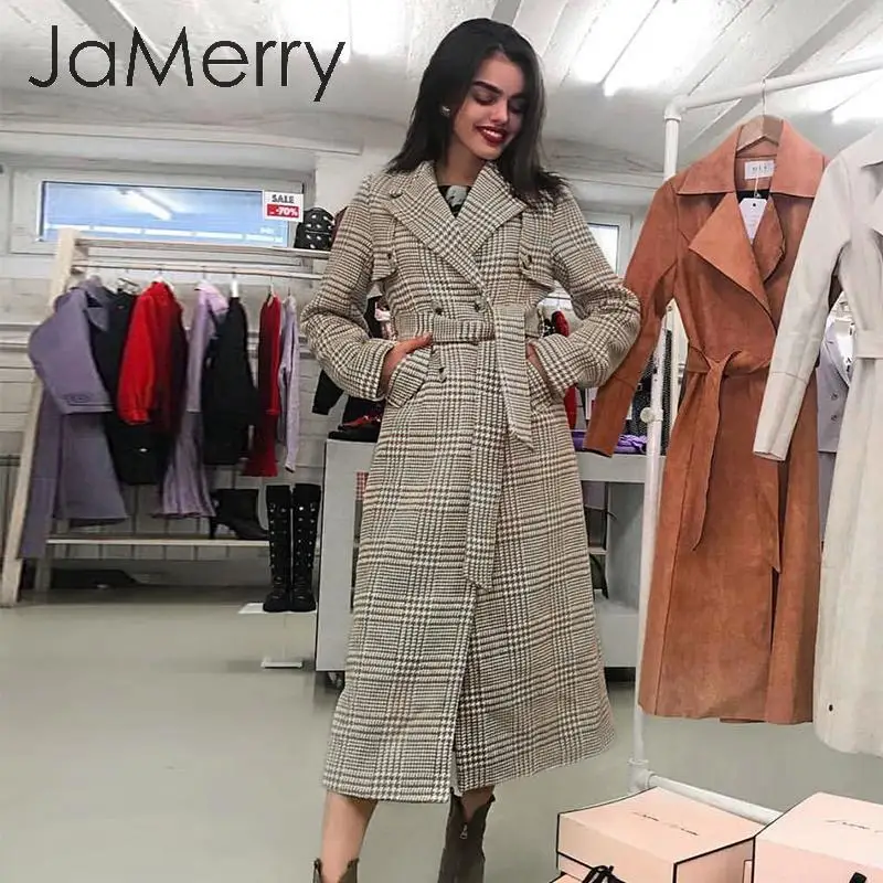 JaMerry элегантное клетчатое Женское пальто с поясом на пуговицах женское длинное