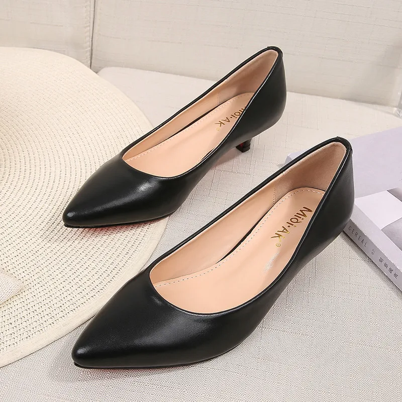 Women's 3.5cm Med High Heels Pumps Office Lady Woman Sexy Bride Party Pointed Toe Split Leather Shoes Black For Female E0002