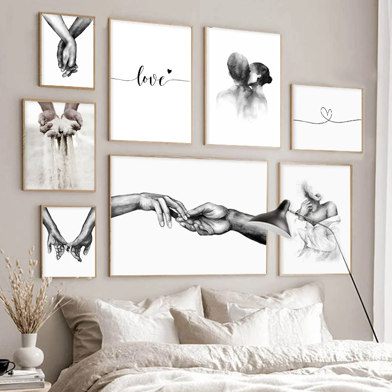 

Fashion Black White Couple Lovers Wall Art Romantic Hand In Hand Canvas Painting Love Quotes Print Poster Picture Room Decor