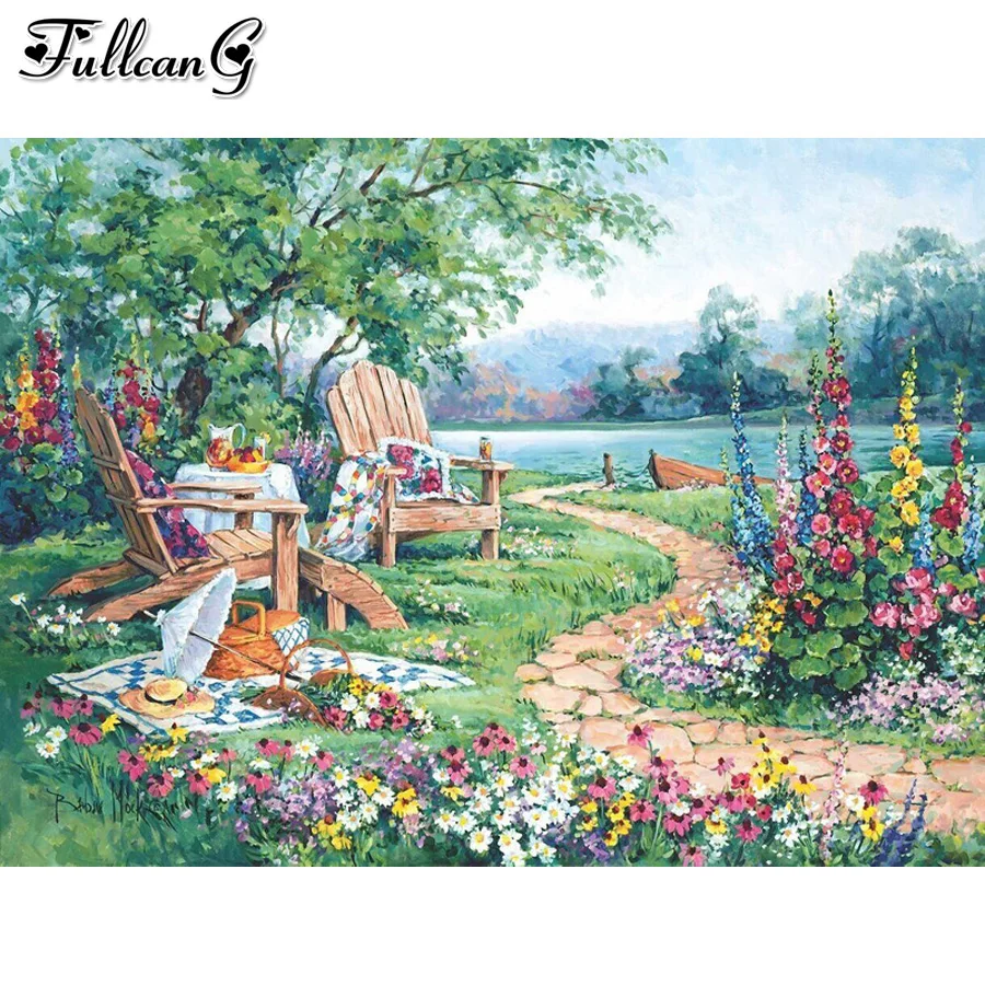 

garden scenery Diy Diamond Painting Abstract flower 5D Mosaic Embroidery house Modern For Living Room Home Decoration JX3028