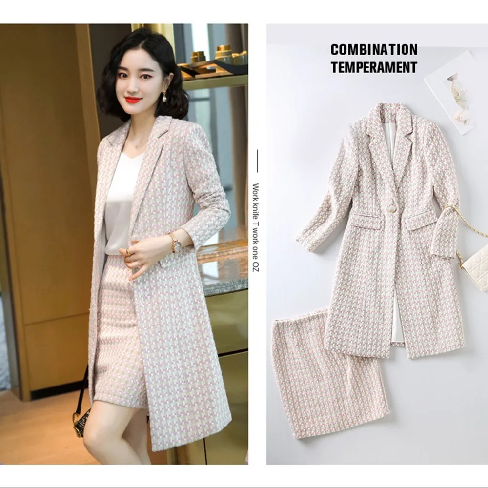 Women Tweed Suits Winter Korean-Style 5XL Long Length Slim Jacket Mini Skirt Business Suit High-end Overalls  Suit For Work