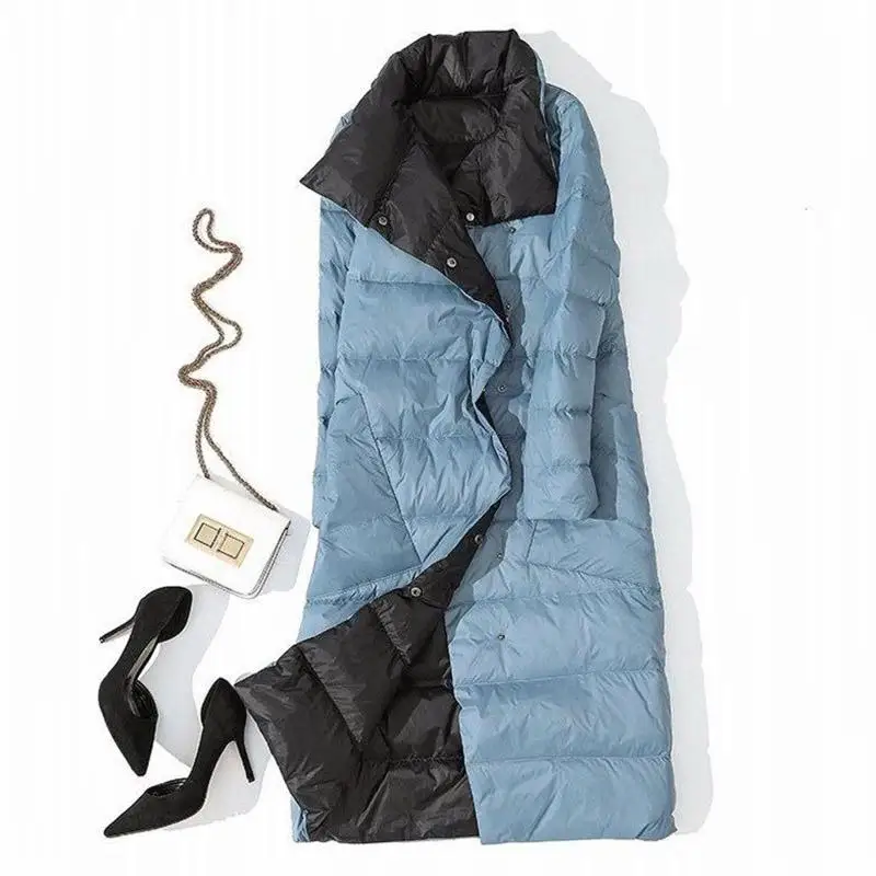 Sky Blue black Fitaylor, Женский Двухсторонний пуховик, Длинная зимняя куртка, водолазка, белый утиный пух, пальто, двубортные парки, теплая зимняя верхняя одежда - Цвет: Sky Blue black
