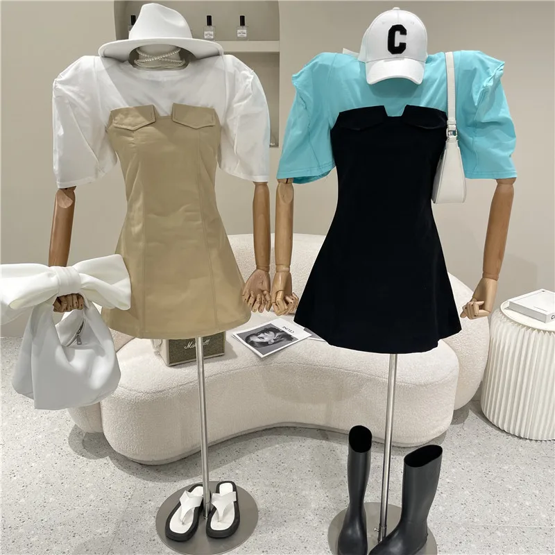 

Niche Design New Women's Clothing Summer 2021 Fashion Slim Breast Wrapping Dress + Puff Short Sleeve T-shirt Two Piece Set