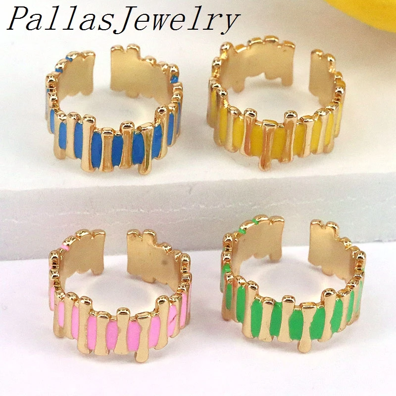 

10Pcs New Trendy Color Enamel Geometric Metal Wide Open Rings Statement Female Party Finger Jewelry Gift