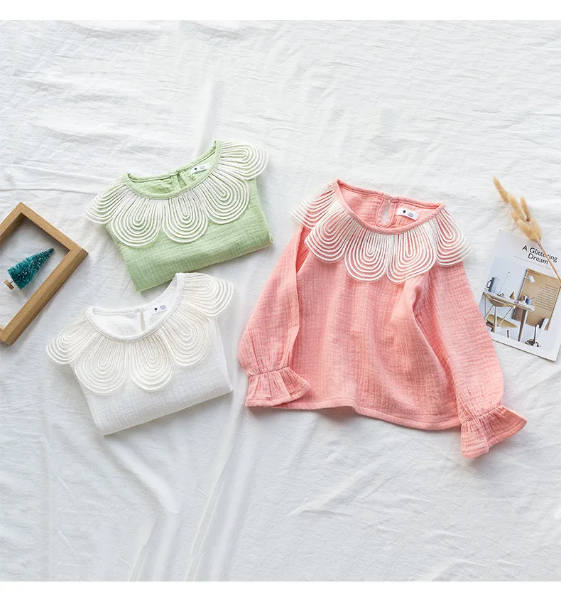 

2021 spring Korean style pastoral style girls shirt bottoming shirt baby petal lapel top children long-sleeved T-shirt factory d