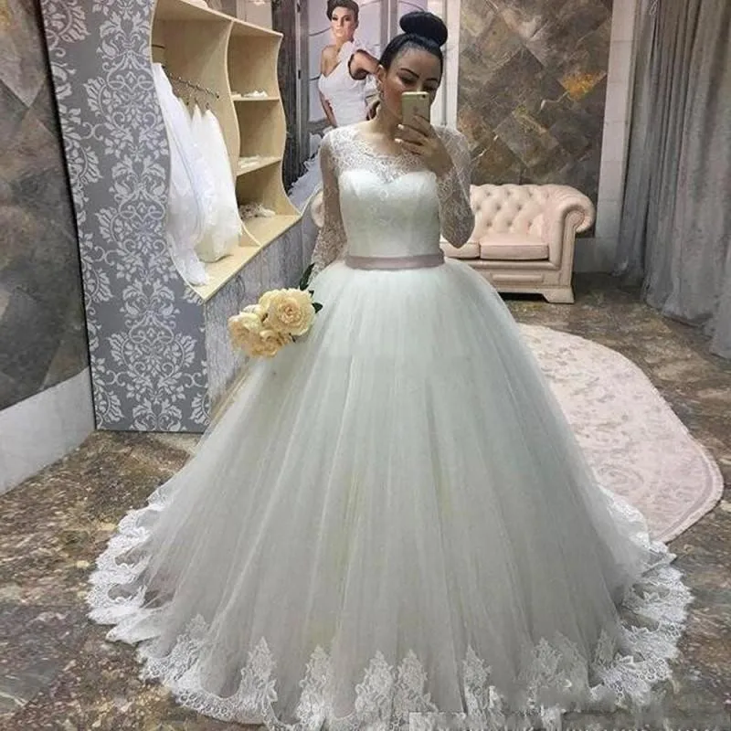 

Elegan Lace Princess Wedding Dresses 2020 Long Sleeve Applique Long Sleeve Sashes Corset Back Bridal Gowns Vestidos De Novia