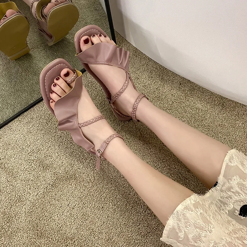 

Low Sandals Woman Leather 2021 Summer Clear Heels Female Shoe Low-heeled New Fashion Girls Comfort Beige Fabric Rubber PU Solid