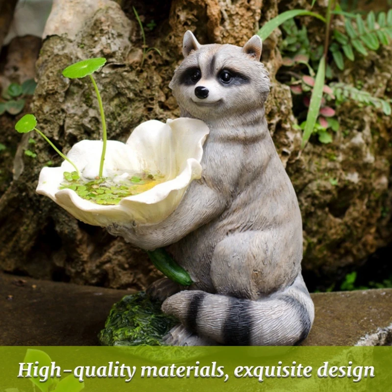 

Creative Raccoon Shaped Resin Statue Bird Feeder Cute Lifelike Animal Figurine Holding Flower Ornament Garden Decoration