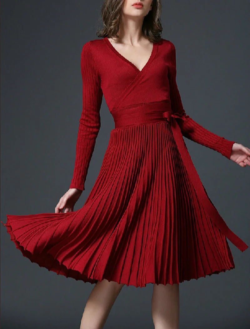 

Новинка Осень-зима 2021, однотонное сексуальное кружевное элегантное облегающее Плиссированное вечернее платье средней длины с V-образным вы...