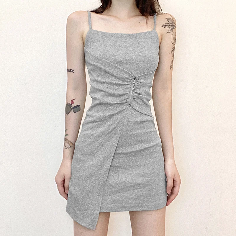 

Women Irregular Sling Dress Gray High Waist Zipper Patchwork Bag-hip Dress Sexy Sleeveless Square Collar Slim Camisole Vestidos