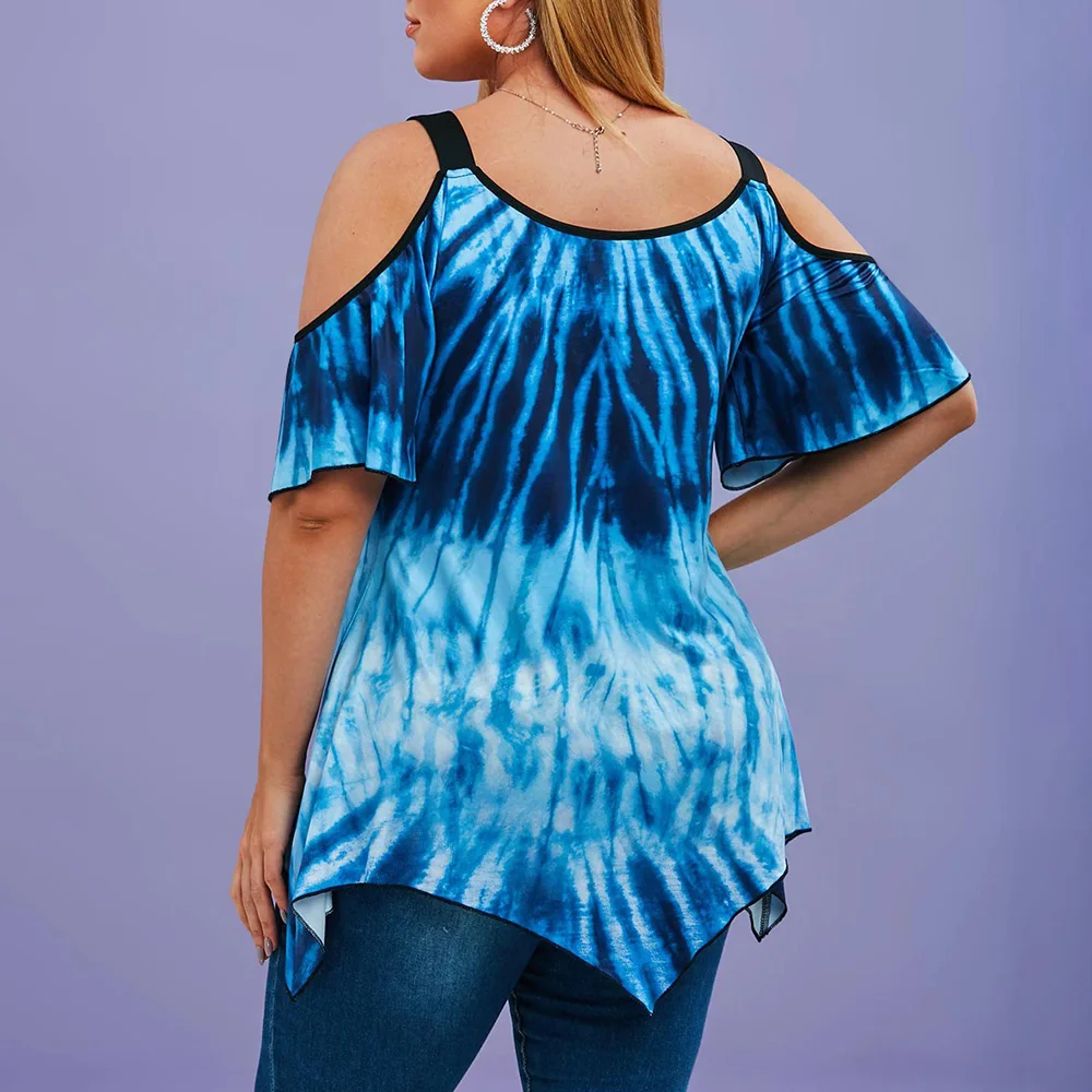 Blusa de talla grande con estampado de mariposa para verano, camisa con hombros descubiertos y dobladillo Irregular para mujer, D30