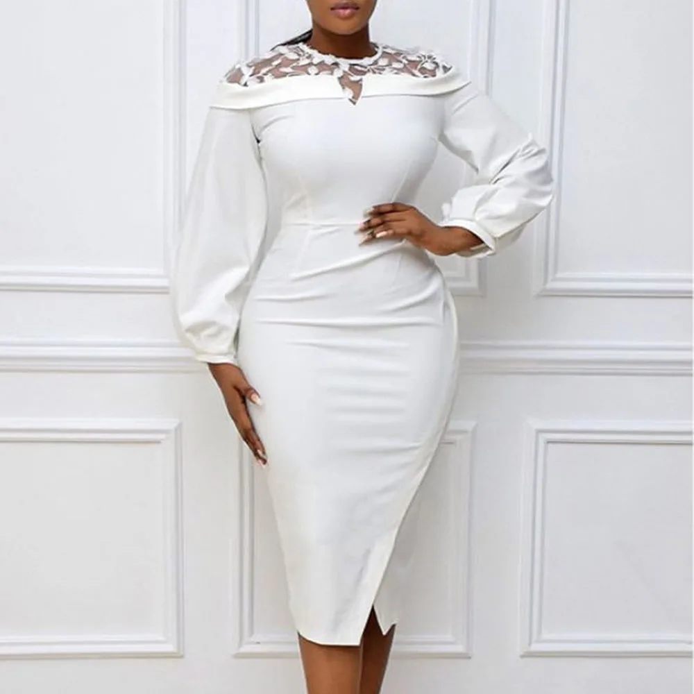 

Элегантное Белое синее осеннее платье с длинным рукавом и круглым вырезом, кружевное лоскутное привлекательное облегающее винтажное Африк...