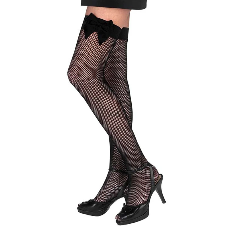 Чулки женские в сетку черные красные до бедра с бантом эластичные небольшие