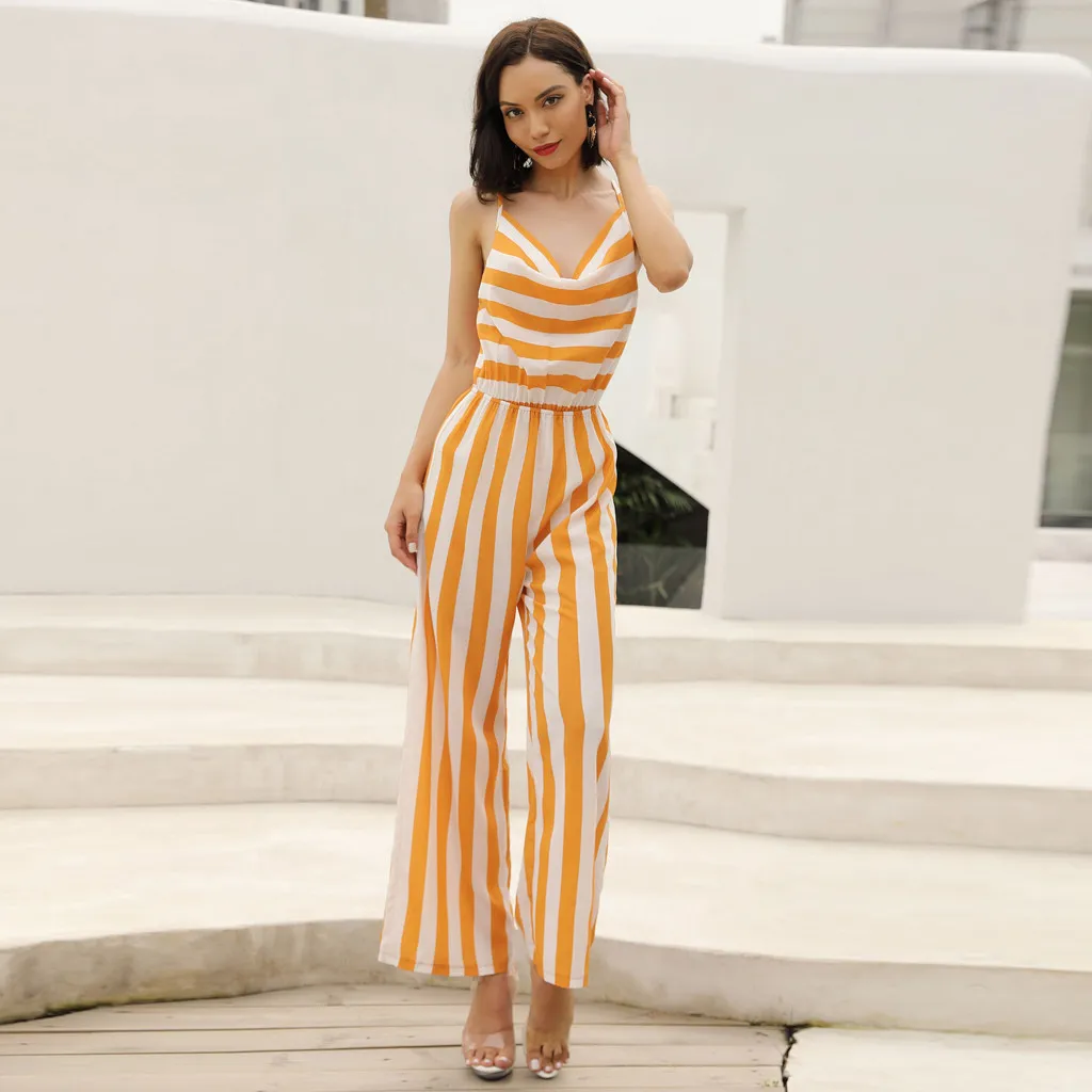 Женский комбинезон модный желтый в полоску с принтом темпераментный открытыми
