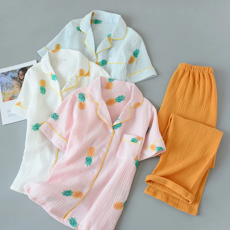 

Summer Pajamas Women Pure Cotton Gauze Fresh Short Sleeve Sleepwear with Trousers Loose Thin Cardigan Pineapple Famale Home Wear