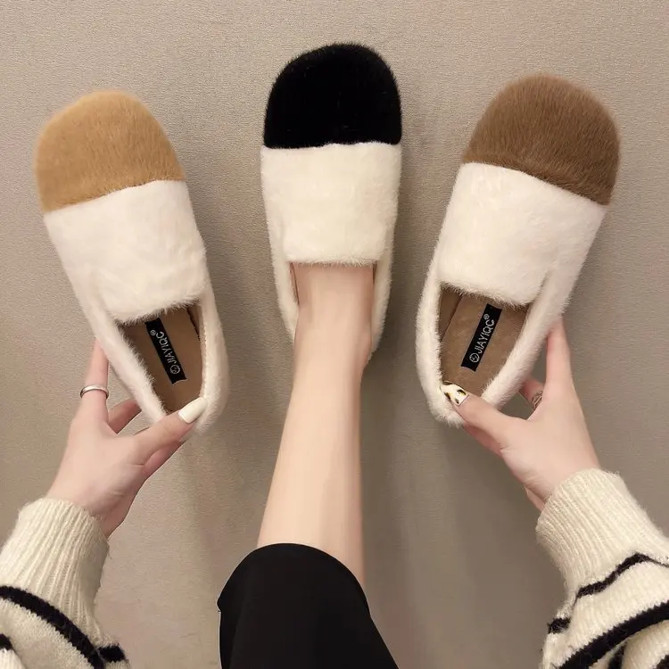 

2021 new women's loafers mixed color plush warm moccasin shoes women's shoes thick plush women flat shoes soft sole women casual
