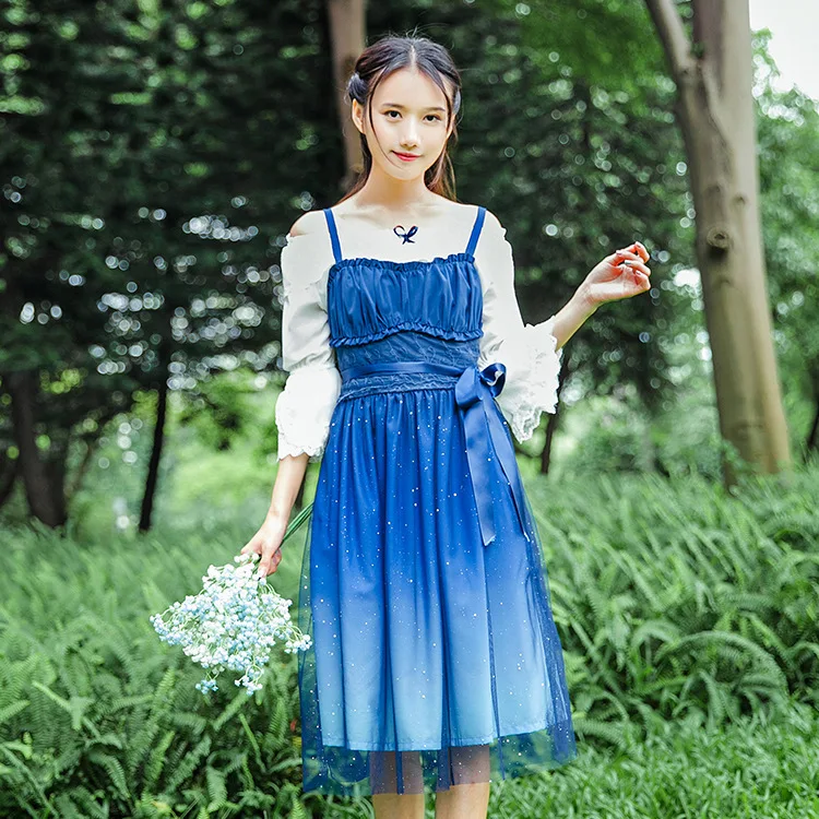 

Stary Sky Gradient Blue Women's Summer Suspender Dress Double Layer Veil Fairy Kei Lolita Dress and White Shirt
