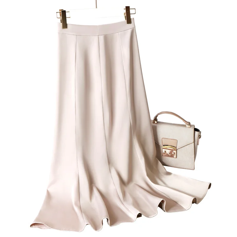 

Beige Black Women Skirt Female Clothing for Office Party Vintage Maxi Satin Skirts Spring Winter Shiny Glossy Ol Midi Skirt 2021