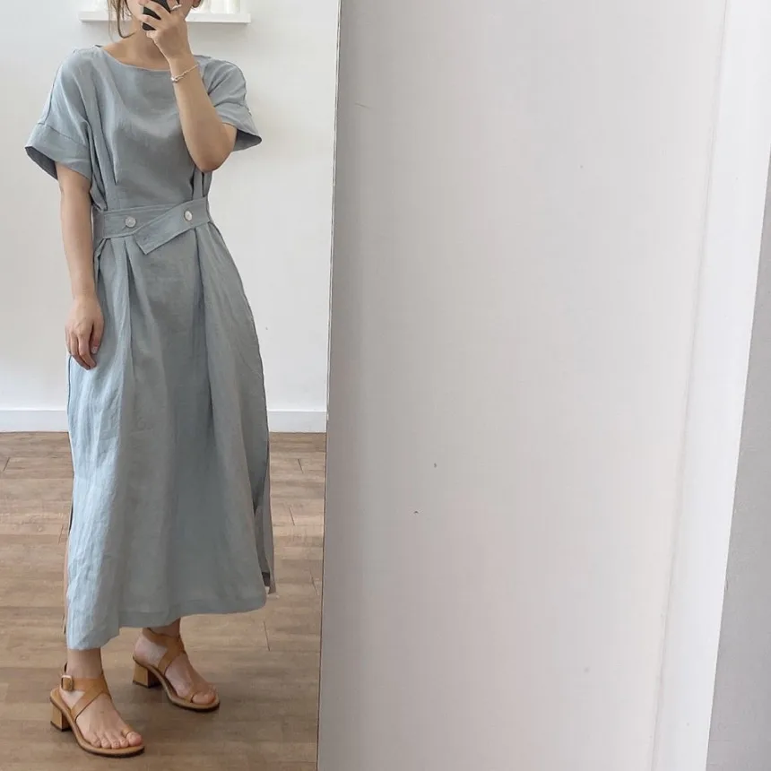 

Korean Chic Elegant Pleated Adjustable Belt Buckle Side Waist Tight Western Style Slimming Split Mid-Length Simple Dress