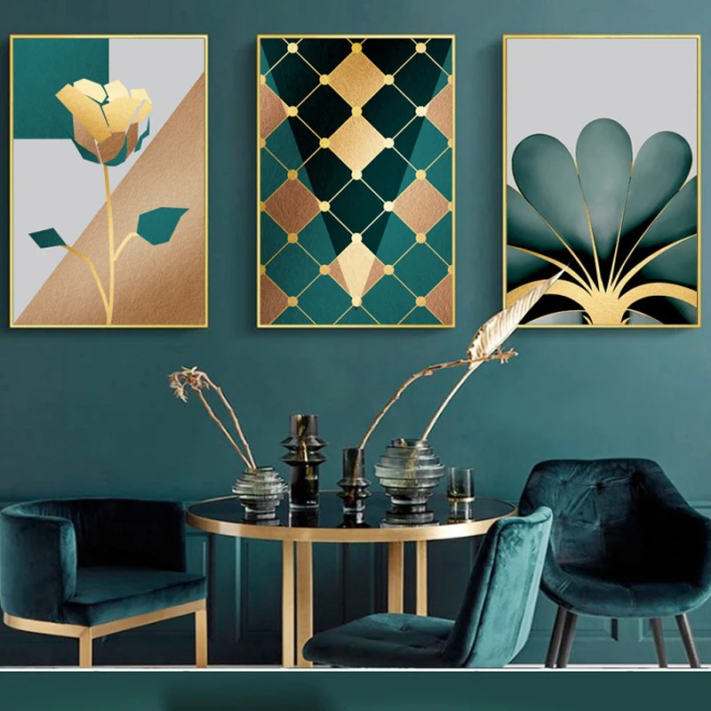 Золотые и зеленые растения цветы монстера настенная Картина на холсте плакаты